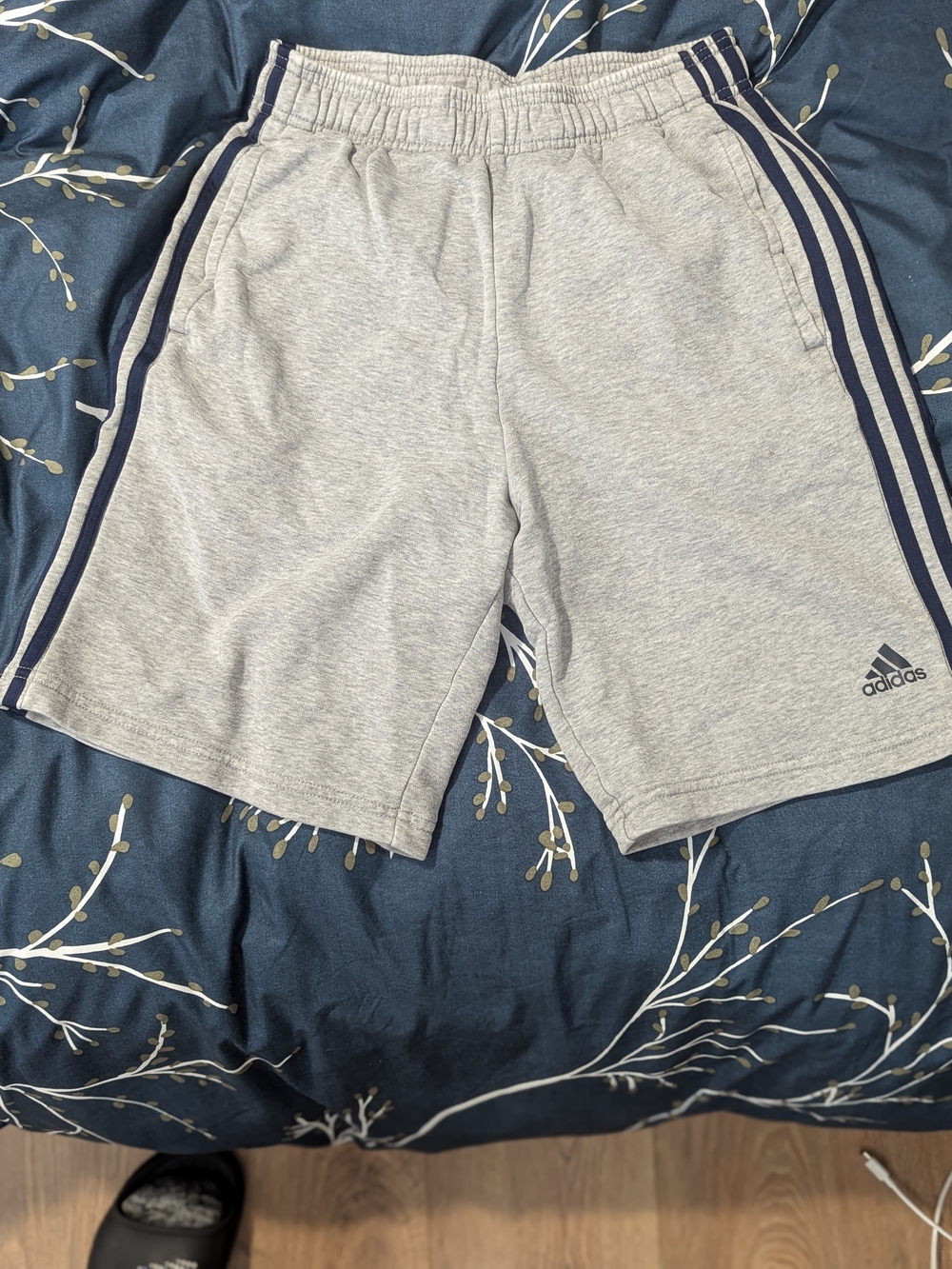 adidas Light Gray Athletic Shorts with Navy Stripes